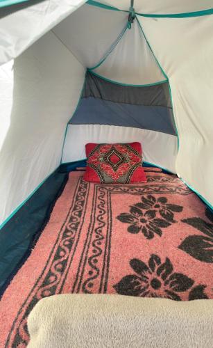 a bed in a tent with a red pillow at Desert mountains camping in Merzouga