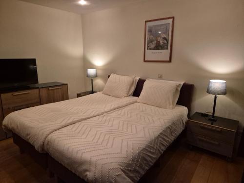 a bed in a bedroom with two lamps and a television at All Exclusive Apartments in Dordrecht