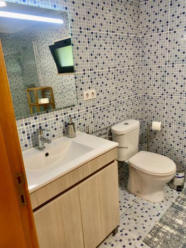 a bathroom with a toilet and a sink and a mirror at Paraiso do Rio Casa T1 in Mondim de Basto
