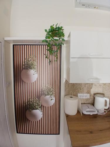 a bathroom with three potted plants on a wall at Studio D lux Vida in Apatin