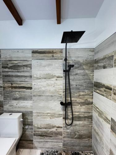 a bathroom with a shower with a wooden wall at Studio Colibri vue mer in Quartier Morne Acajou