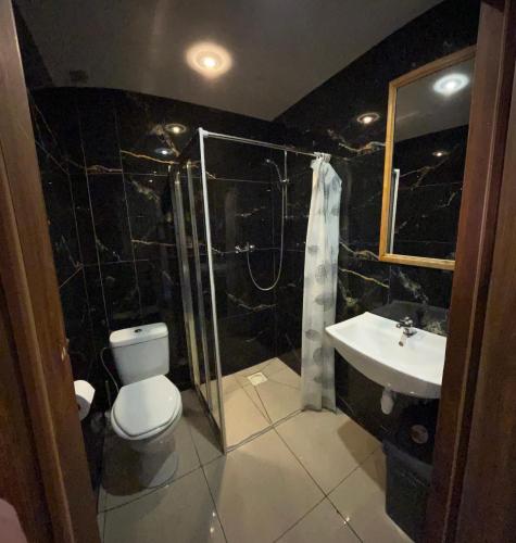 a bathroom with a toilet and a shower and a sink at Pokoje Gościnne Pocztacaffe in Gdynia
