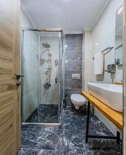 a bathroom with a shower and a sink and a toilet at La Pazza Suites in Istanbul
