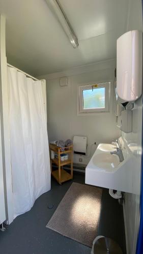 a bathroom with a sink and a toilet and a window at Naturerlebnis Schlafcontainer auf dem Bauernhof in Leutershausen
