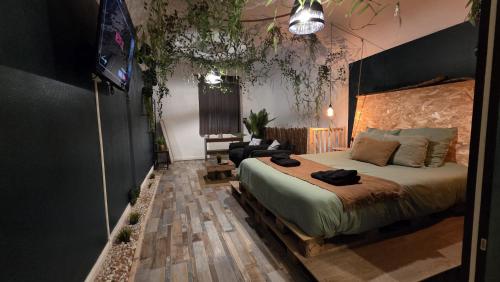 a bedroom with a bed and a television in it at Botanica - Private Spa in Saint-Quentin