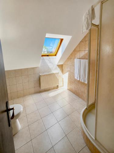 a attic bathroom with a shower and a sink at Hotel Marislav in Češnovice