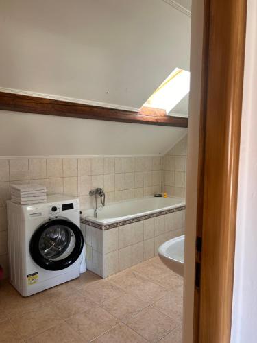 a bathroom with a washing machine and a bath tub at Apartmán Silvia in Komárno