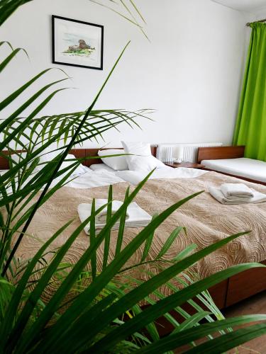 a bedroom with a bed and a green plant at Pasja Dom Wypoczynkowy Świeradów - Zdrój w górach in Świeradów-Zdrój