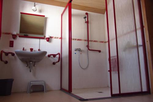 ein Bad mit einem Waschbecken und einer Dusche in der Unterkunft Eifelvulkan in Neichen