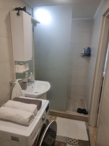 a bathroom with a toilet and a sink and a shower at Apartman Katedrala in Sarajevo