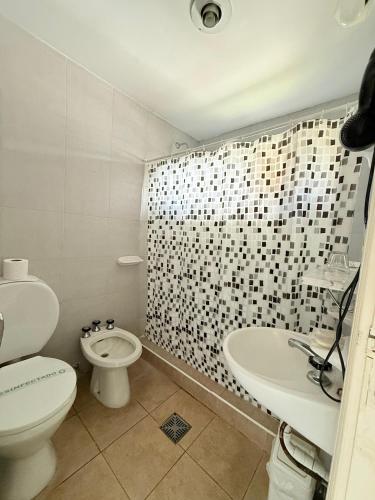 a bathroom with a toilet and a sink and a shower at Hotel Hermitage in Tandil