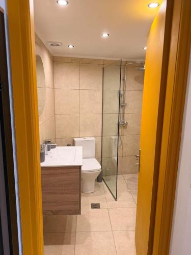 a bathroom with a toilet and a sink and a shower at Nature Nest in Samos