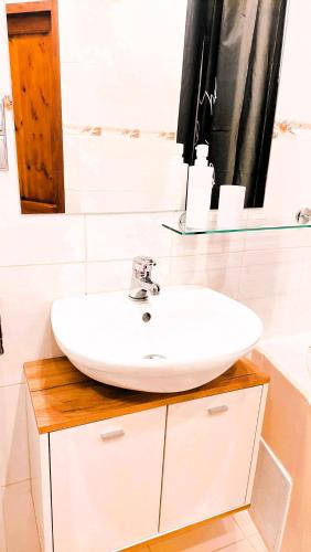 a bathroom with a white sink and a mirror at Metro Budějovická apartment in Prague