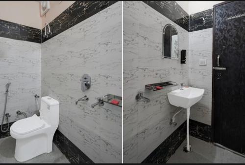 two pictures of a bathroom with a toilet and a sink at Park's Hotel Mbd in Morādābād