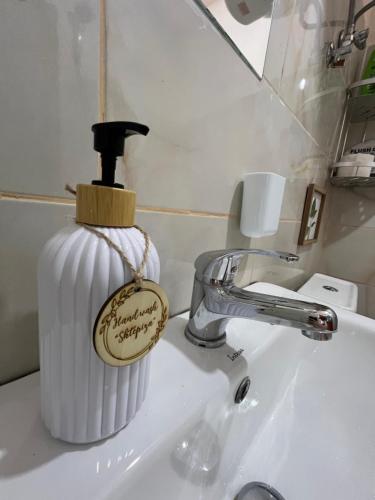 a soap dispenser sitting on top of a bathroom sink at Guest House Shtëpiza Theth in Theth