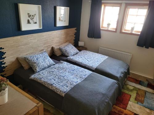 a bedroom with two beds and two windows at Det lilla huset in Nora