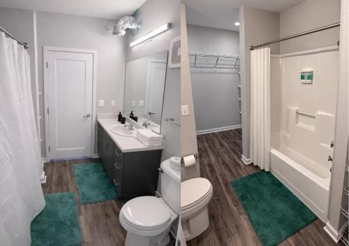 a bathroom with a toilet and a sink and a mirror at Olive Oasis in Des Moines