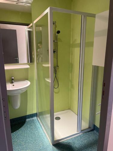 a bathroom with a shower and a sink at Domaine Aigoual Cevennes in Meyrueis