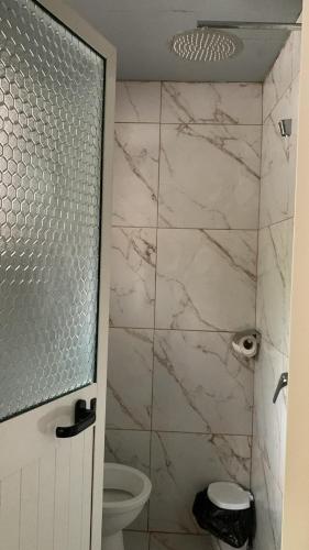 a bathroom with a toilet and a glass shower at Natura Koman in Koman