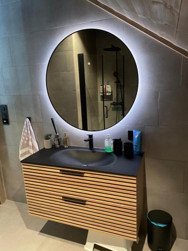 a bathroom with a sink and a mirror at Rom med eget bad til leie felles inngang Uten kjøkken og stue Kun overnatting in Tjørhom