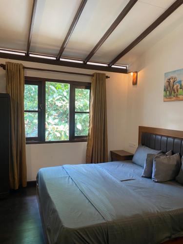 a bedroom with a bed and two windows at Farm House Villa in Ratnapura