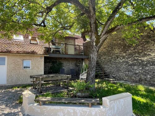 a bench and a tree in front of a building at Le Fenil in Floirac