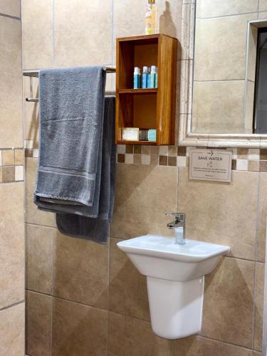 a bathroom with a sink and a toilet and a mirror at Be Our Guest Accommodation in Klerksdorp