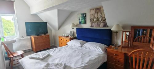 a bedroom with a bed with a blue headboard and a television at Maindee Guest House in Barrow in Furness