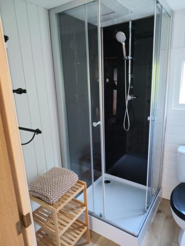 a glass shower in a bathroom with a stool at Gite Le Clos de Sée in Chérencé-le-Roussel