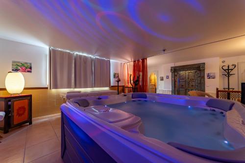 a large blue bath tub in a room at Mas Escombelle in Barjac