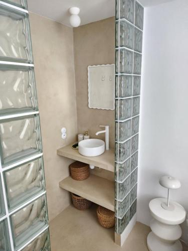 a bathroom with a sink and a toilet and glass shelves at Sublime chambre à endoume proche mer in Marseille
