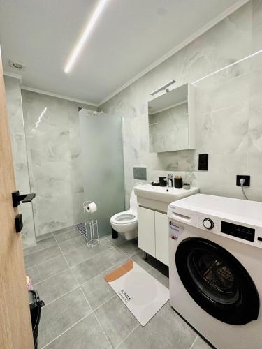 a bathroom with a washing machine and a toilet at Fanari Meltemi Apartment in Fanari