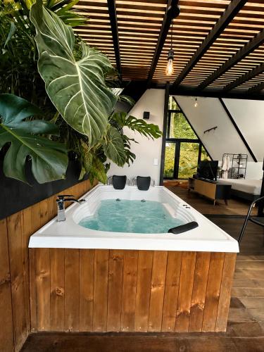 a jacuzzi tub in a room with plants at Private Luxury A-Frame with Jacuzzi & Mountain View in San Francisco