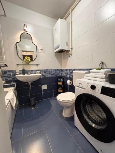 a bathroom with a washing machine and a sink at Apartment Rose in Sesvete