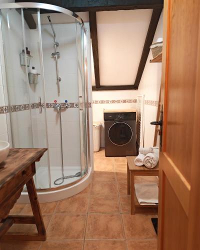 a bathroom with a shower and a washing machine at Entre Vistas in Zahara de la Sierra