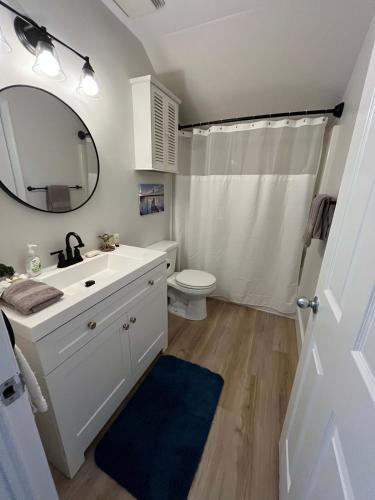 a bathroom with a sink and a toilet and a mirror at Sandy Pines Perch - Your Indian River Dock Life Base Camp in Sebastian