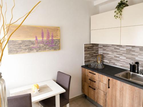 a kitchen with a sink and a table and a counter at Gradolina Apartment in Pula