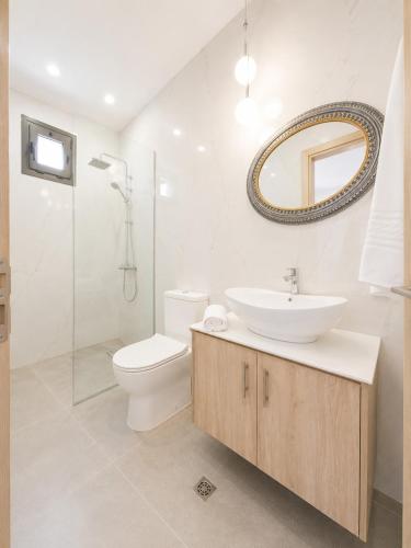 a bathroom with a sink and a toilet and a mirror at Luxury Villa John in Panormos Rethymno