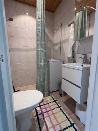 a bathroom with a sink and a toilet and a shower at Saimaa Design, lake view, AC, Wifi in Savonlinna