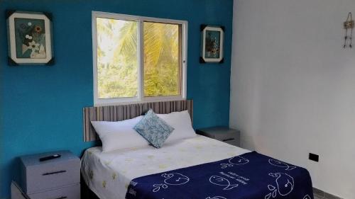 a bedroom with a bed with blue walls and a window at Xamanai Playa Rincón III in Las Galeras