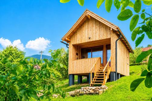 ein Holzhaus auf einem Hügel mit Bäumen in der Unterkunft Wezly Tiny House in Măgura