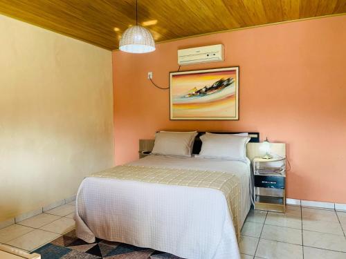 a bedroom with a bed and a painting on the wall at Veraneio Recanto dos Ipês in Pirenópolis