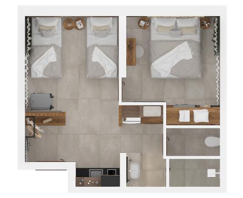 a floor plan of a room with a bed at Azulic Suites Nikiti in Nikiti