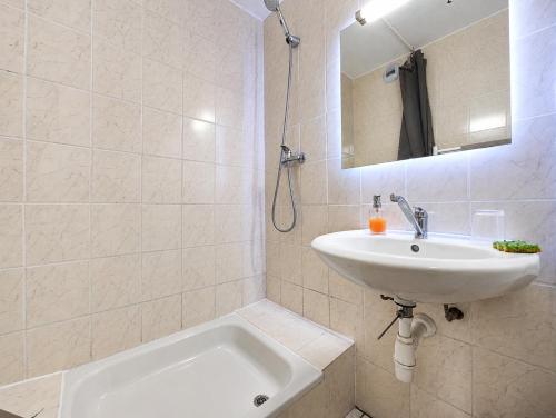 a bathroom with a sink and a bath tub at Le refuge des sportifs - studio cosy jardin - wifi in Mijoux