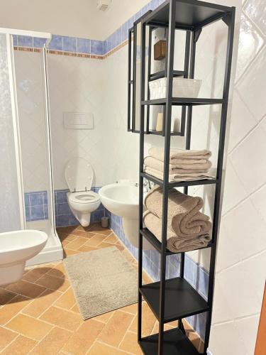 a bathroom with a black rack with towels at Angolo,di Chianti in Castelnuovo Berardenga