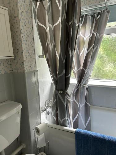 a bathroom with a shower curtain in front of a window at Affordable Saundersfoot Holidays in Pembrokeshire