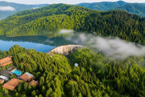 an aerial view of a house on a hill next to a lake at Aurora Resort & Spa in Berovo