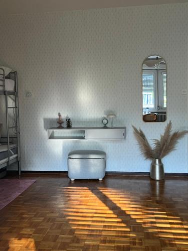 a living room with a table and a mirror at Room with a View in Geneva