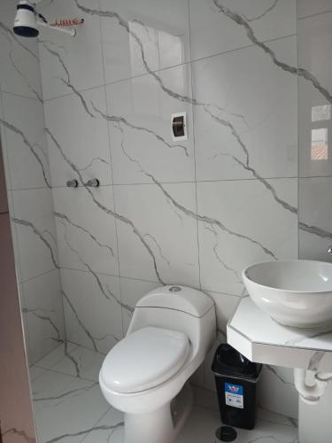 a bathroom with a toilet and a sink at Pinkuylluna Lodge in Ollantaytambo