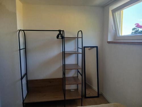 a room with a glass shelf and a window at Apartmaji pri Pinku in Breginj